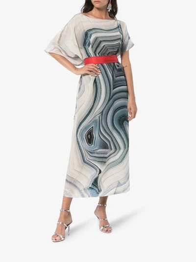 Shop Kimberly Mcdonald Off-shoulder Cool Tones Print Silk Kaftan Dress In Tan