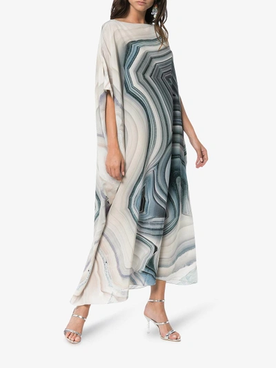Shop Kimberly Mcdonald Off-shoulder Cool Tones Print Silk Kaftan Dress In Tan