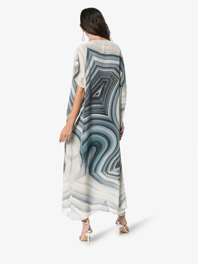 Shop Kimberly Mcdonald Off-shoulder Cool Tones Print Silk Kaftan Dress In Tan