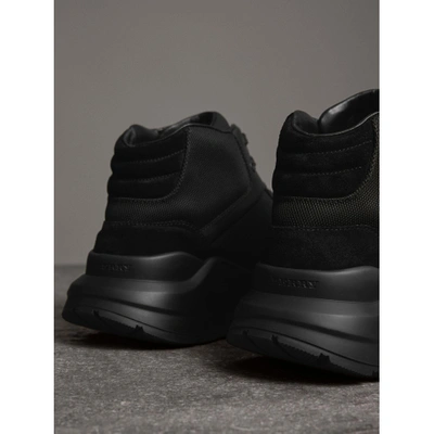 Shop Burberry Suede And Neoprene High-top Sneakers In Black