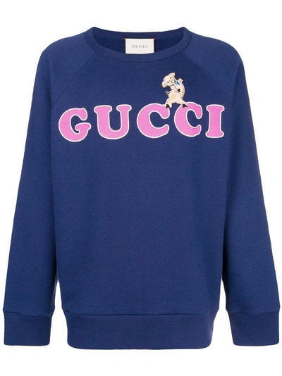 Shop Gucci Logo Print Sweater - Blue