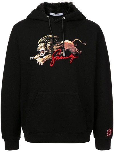 Shop Givenchy Lion-print Embroidered Hoodie - Black