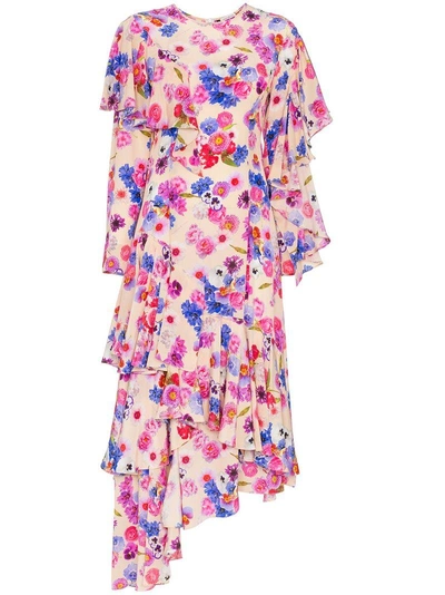Shop Natasha Zinko Floral Print Ruffle Asymmetric Silk Dress