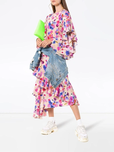 Shop Natasha Zinko Floral Print Ruffle Asymmetric Silk Dress