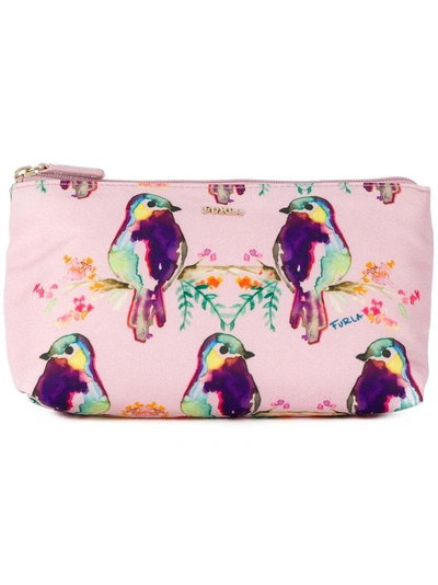 Shop Furla Bird Print Make Up Bag - Pink & Purple