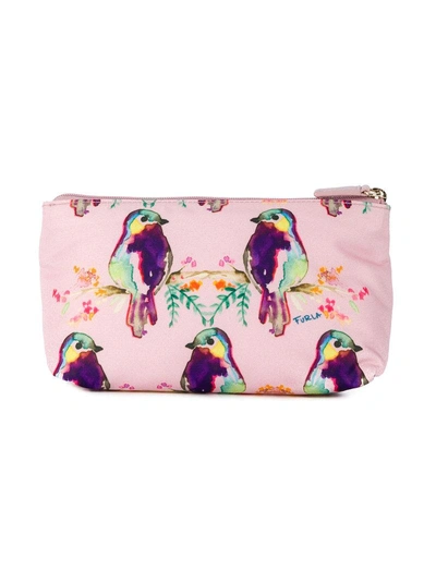 Shop Furla Bird Print Make Up Bag - Pink & Purple