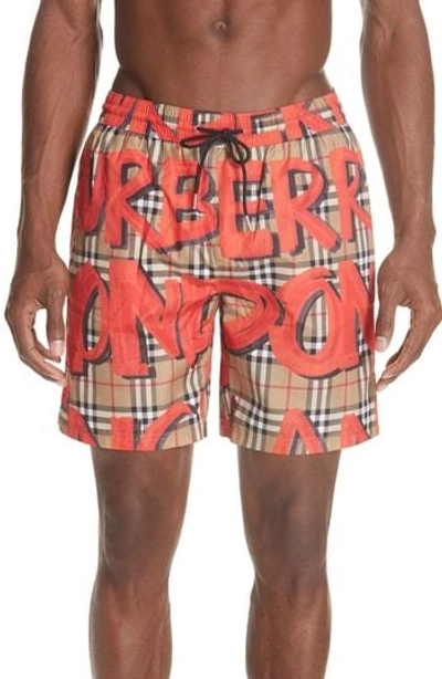 Burberry Graffiti Print Vintage Check Drawcord Swim Shorts In Red | ModeSens