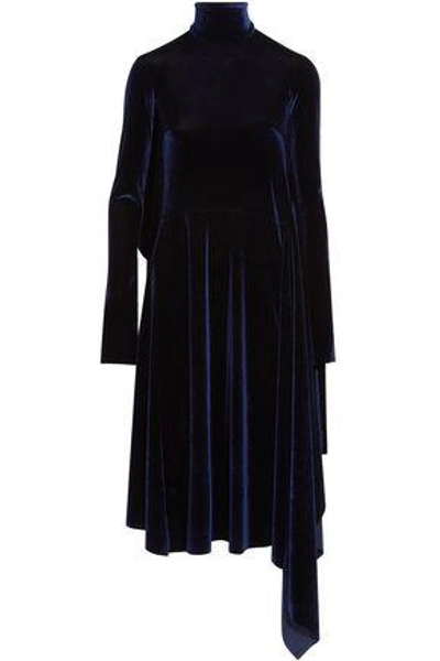 Shop Vetements Woman Open-back Asymmetric Velvet Turtleneck Dress Midnight Blue