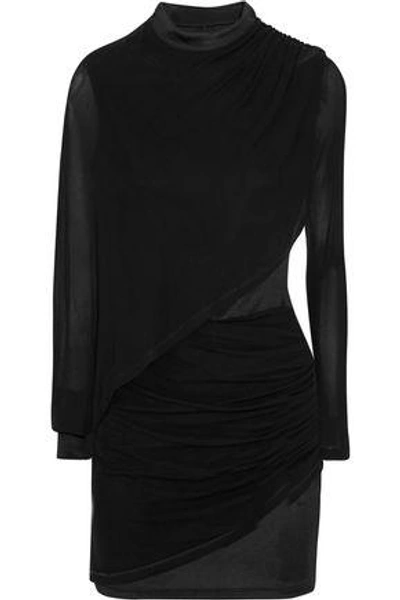 Shop Balmain Woman Ruched Chiffon-paneled Jersey Mini Dress Black