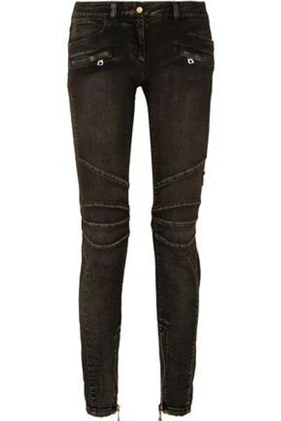 Shop Balmain Woman Moto-style Faded Low-rise Skinny Jeans Black
