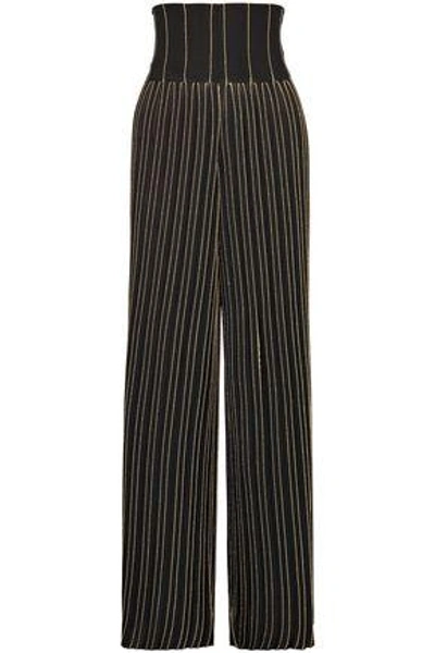 Shop Balmain Woman Pleated Metallic Striped Stretch-knit Wide-leg Pants Black