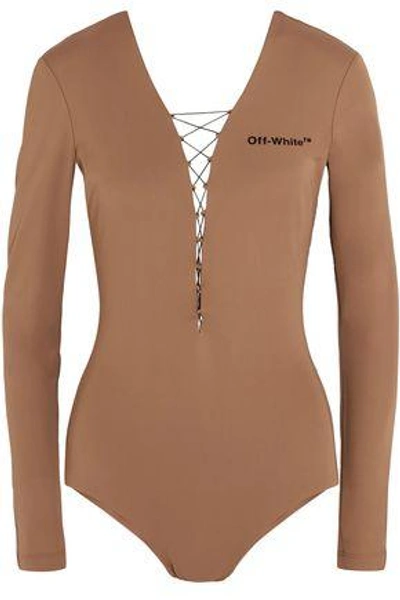 Shop Off-white ™ Woman Lace-up Appliquéd Stretch-jersey Bodysuit Camel