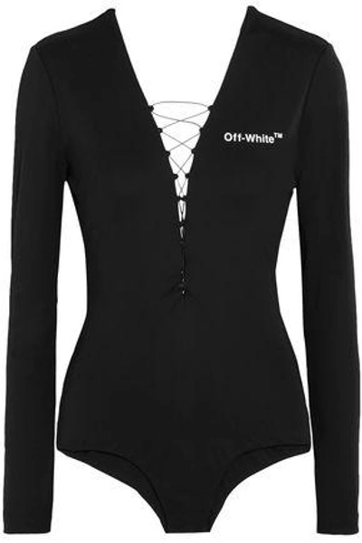 Shop Off-white &trade; Woman Lace-up Appliquéd Stretch-jersey Bodysuit Black