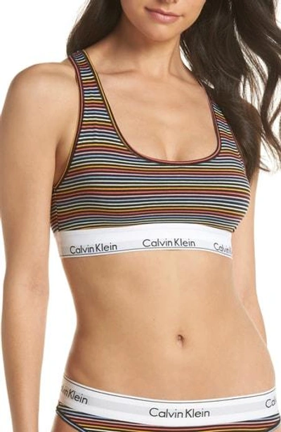 Shop Calvin Klein Modern Cotton Collection Cotton Blend Racerback Bralette In Prism Stripe Black