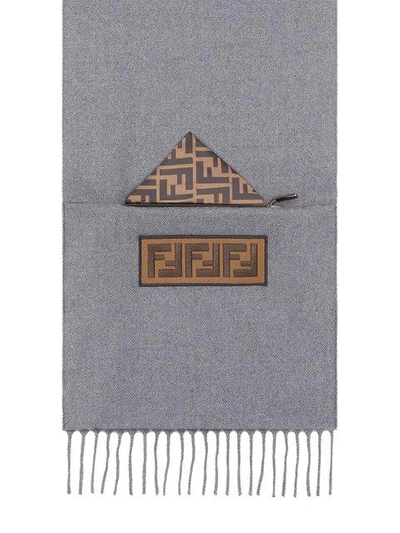 Shop Fendi Logo Patch Fringed Scarf - Grey