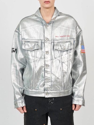 Shop Heron Preston X Nasa Silver Denim Jacket