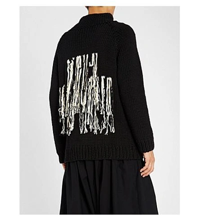 Shop Yohji Yamamoto Fringe-back Cotton Waffle-knit Cardigan In Black