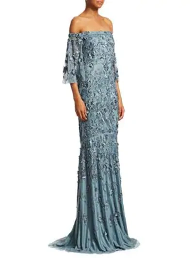 Shop Theia Embellished Off-the-shoulder Gown In Icy Blue