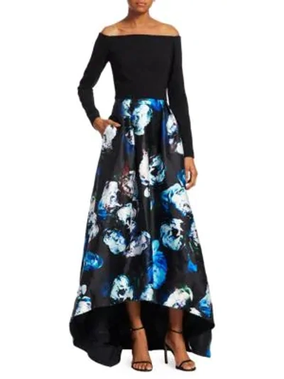 Shop Theia Off-the-shoulder Floral Gown In Black Lapis