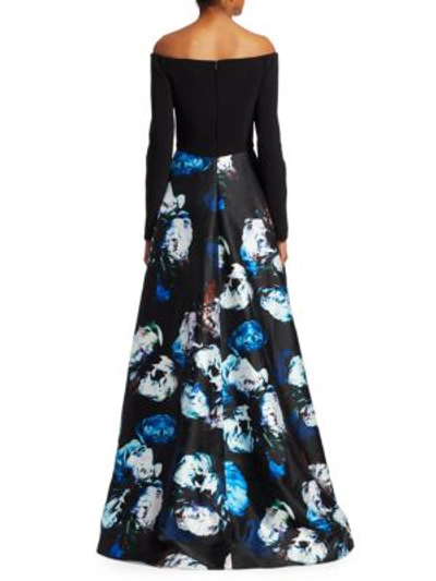 Shop Theia Off-the-shoulder Floral Gown In Black Lapis