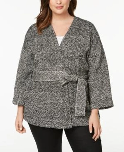 Shop Eileen Fisher Plus Size Organic Cotton Belted Kimono Jacket In Black