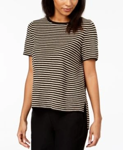Shop Eileen Fisher Organic Linen Striped High-low Sweater In Black