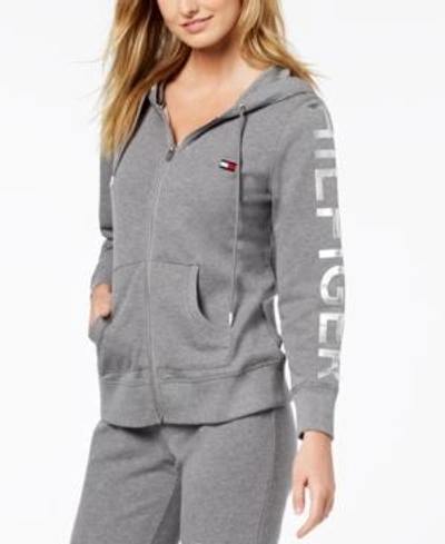 Shop Tommy Hilfiger Logo-print Hoodie In Ash Heather