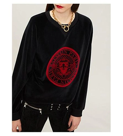 Shop Balmain Logo-print Velvet Sweatshirt In Noir/rouge
