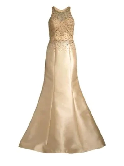 Shop Basix Black Label Beaded Halter Trumpet Gown In Champagne