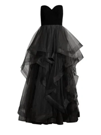 Shop Basix Black Label Strapless Velvet Cascade Tulle Gown In Black