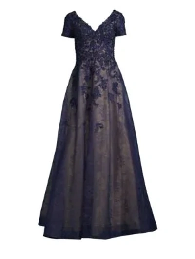 Shop Basix Black Label Beaded Lace A-line Gown In Navy