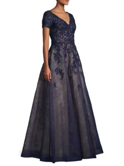 Shop Basix Black Label Beaded Lace A-line Gown In Navy