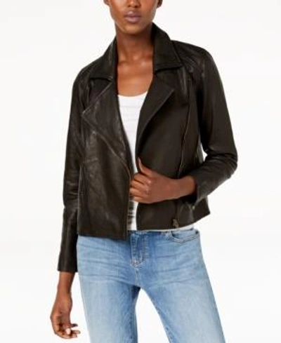 Shop Eileen Fisher Leather Moto Jacket In Black