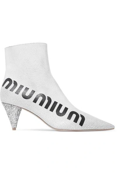 Shop Miu Miu Logo-print Glossed Cracked-leather Ankle Boots In White