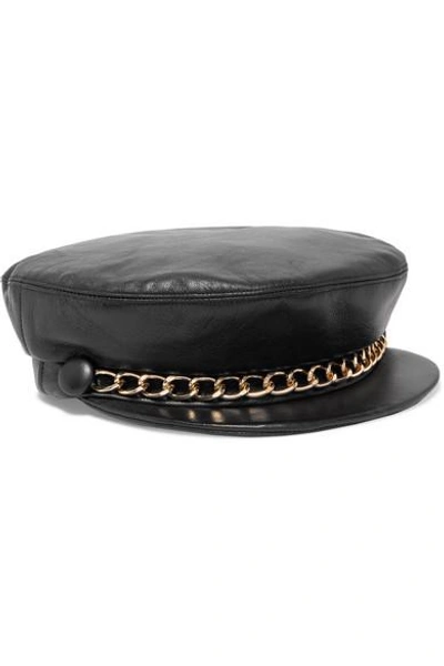 Shop Eugenia Kim Marina Chain-embellished Leather Cap In Black