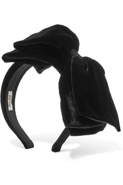 Shop Miu Miu Bow-embellished Cotton-velvet Headband In Black