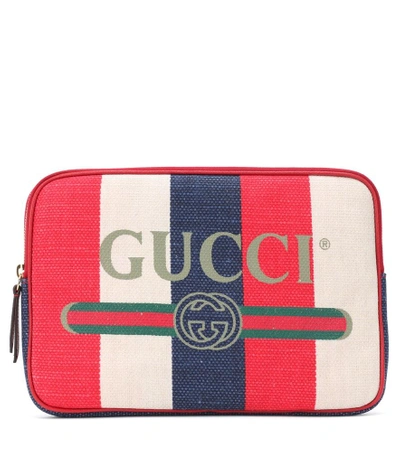 Shop Gucci Striped Linen Pouch In Red