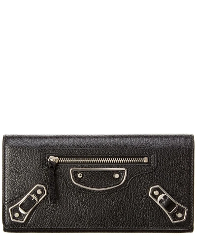 Shop Balenciaga Classic Silver Metallic Edge Money Leather Continental Wallet In Black