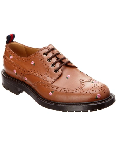 Shop Gucci Flower Embroidered Brogue Leather Oxford In Brown