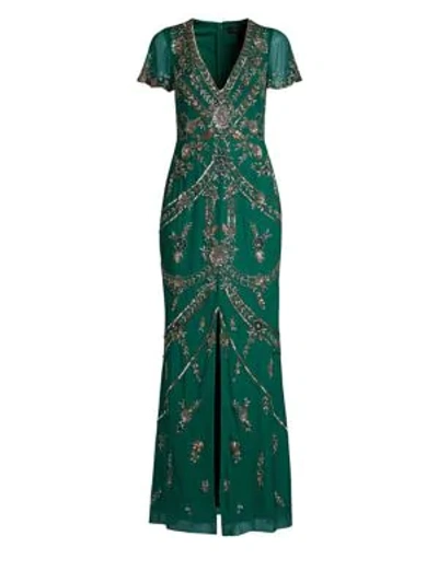 Shop Aidan Mattox Short Sleeve Beaded Gown In Dark Teal