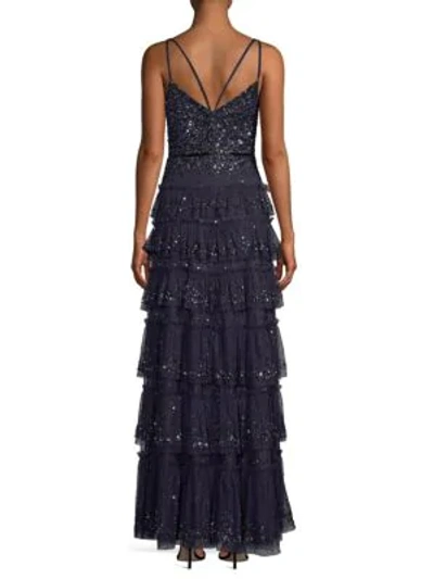 Shop Parker Black Miranda Sequined Ruffled Tiered Gown In Dark Denim