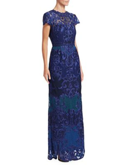 Shop Marchesa Notte Scroll Lace Gown In Cobalt
