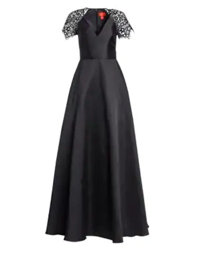 Shop ml Monique Lhuillier Lace-sleeve A-line Gown In Black