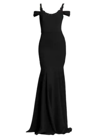 Shop Marchesa Notte Cold-shoulder Embellished Gown In Black