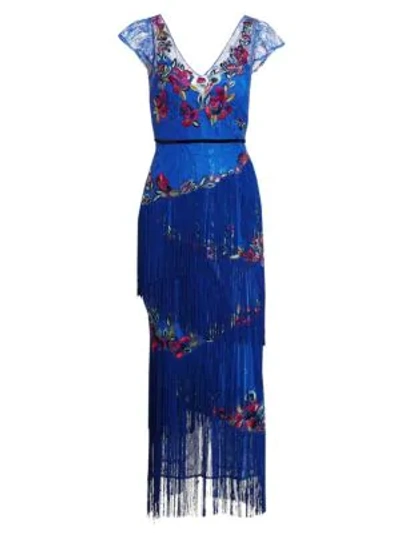 Shop Marchesa Notte Cap Sleeve Fringe Gown In Blue