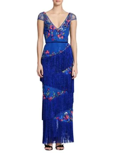 Shop Marchesa Notte Cap Sleeve Fringe Gown In Blue