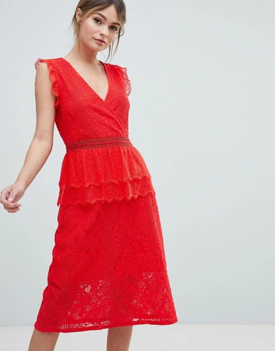 Shop Liquorish Lace Midi Dress-red