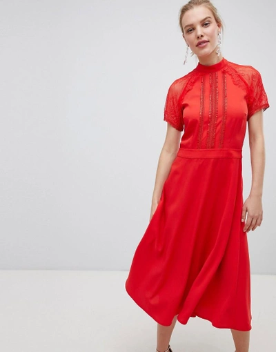 Shop Liquorish A Line Lace Detail Midi Dress - Red