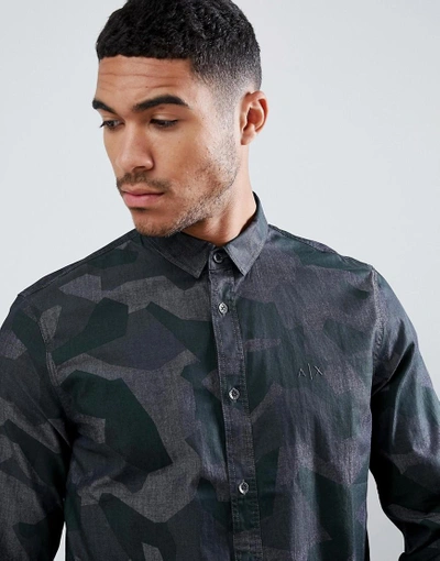 Shop Armani Exchange Camo Chambray Shirt In Gray/khaki - Gray