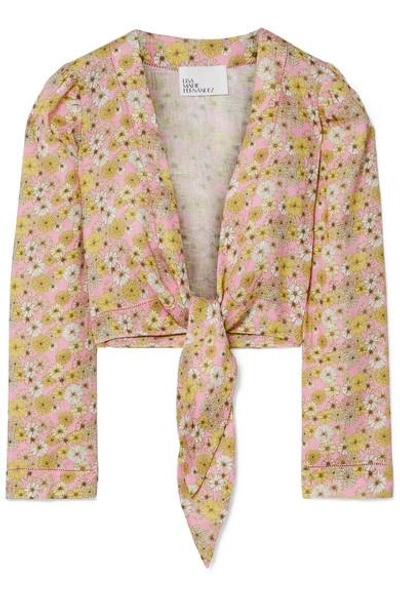 Shop Lisa Marie Fernandez Cropped Floral-print Linen Top In Pink